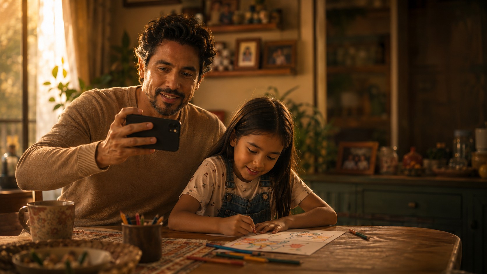 A father and daughter share stories at home.